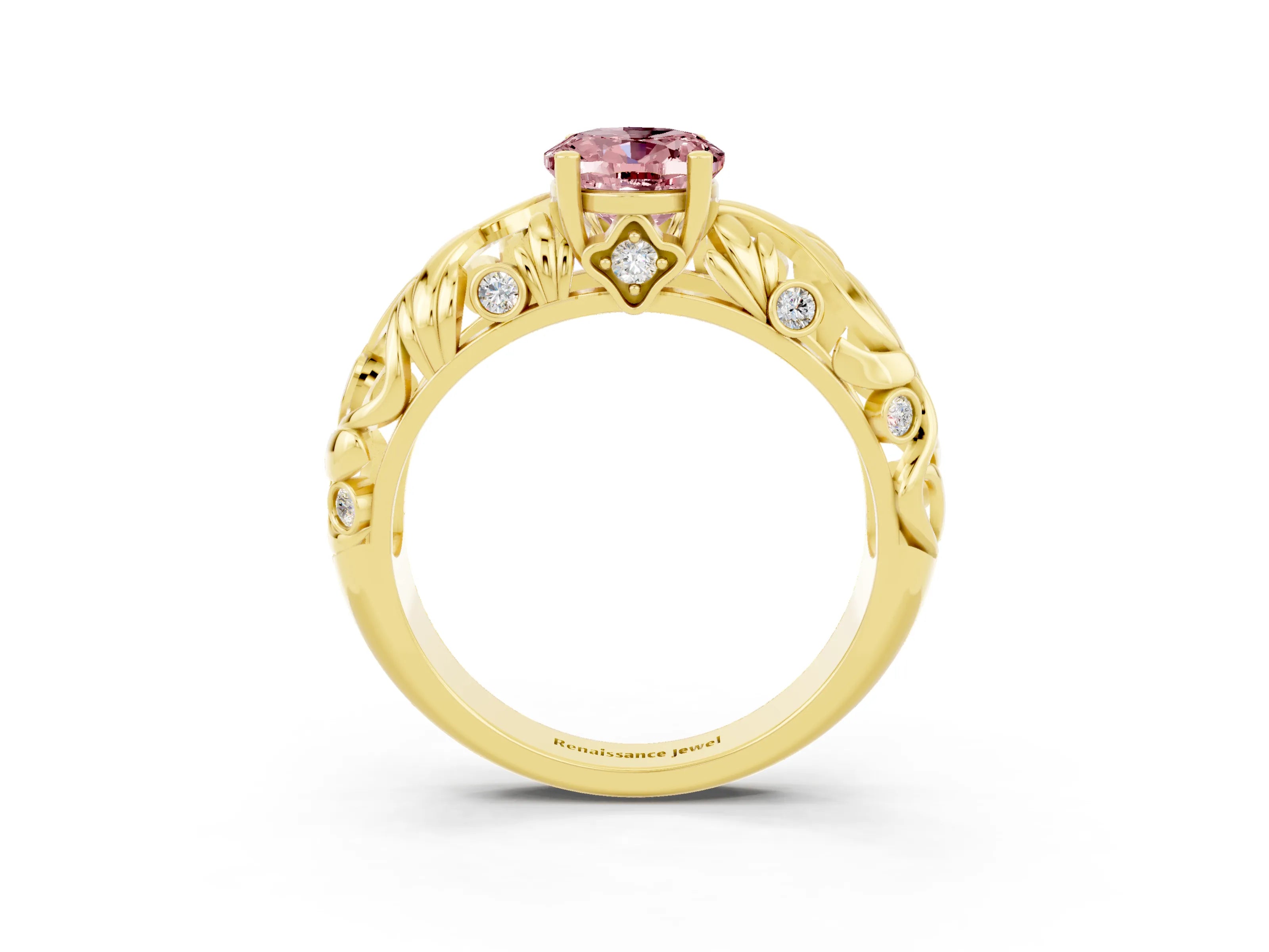 Yellow gold Oval Cut Solitaire Morganite Leaf-Inspired Vine Band Ring with Prong Setting_3