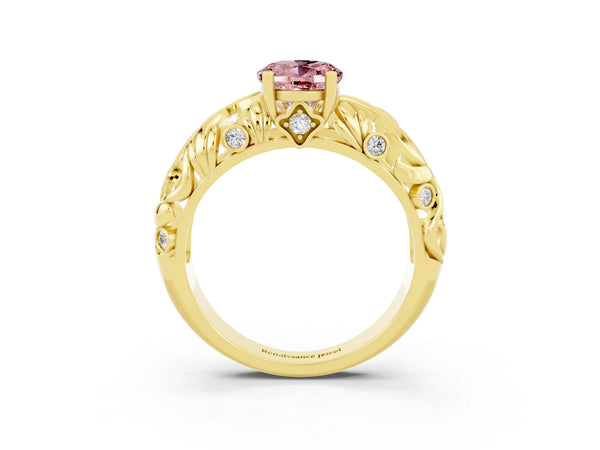 Yellow gold Oval Cut Solitaire Morganite Leaf-Inspired Vine Band Ring with Prong Setting