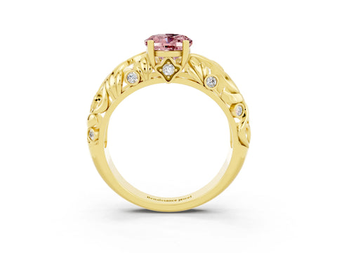 Yellow gold Oval Cut Solitaire Morganite Leaf-Inspired Vine Band Ring with Prong Setting_3