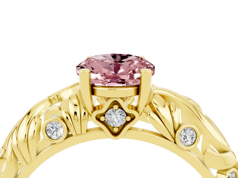 Yellow gold Oval Cut Solitaire Morganite Leaf-Inspired Vine Band Ring with Prong Setting_4