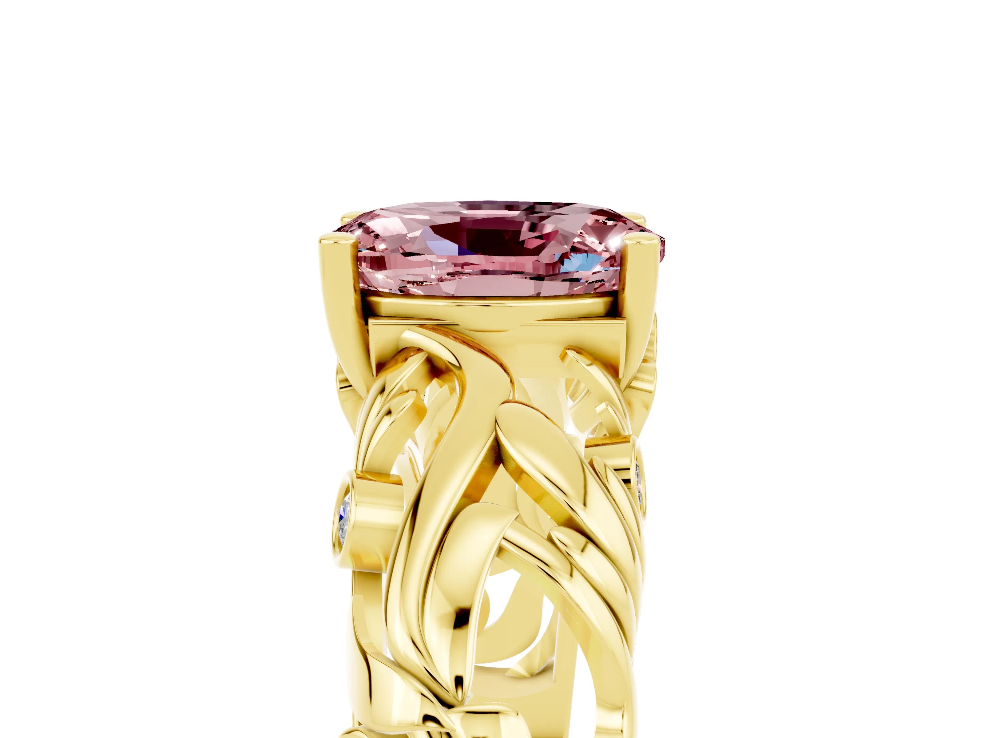 Yellow gold Oval Cut Solitaire Morganite Leaf-Inspired Vine Band Ring with Prong Setting_5