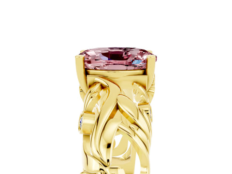 Yellow gold Oval Cut Solitaire Morganite Leaf-Inspired Vine Band Ring with Prong Setting_5