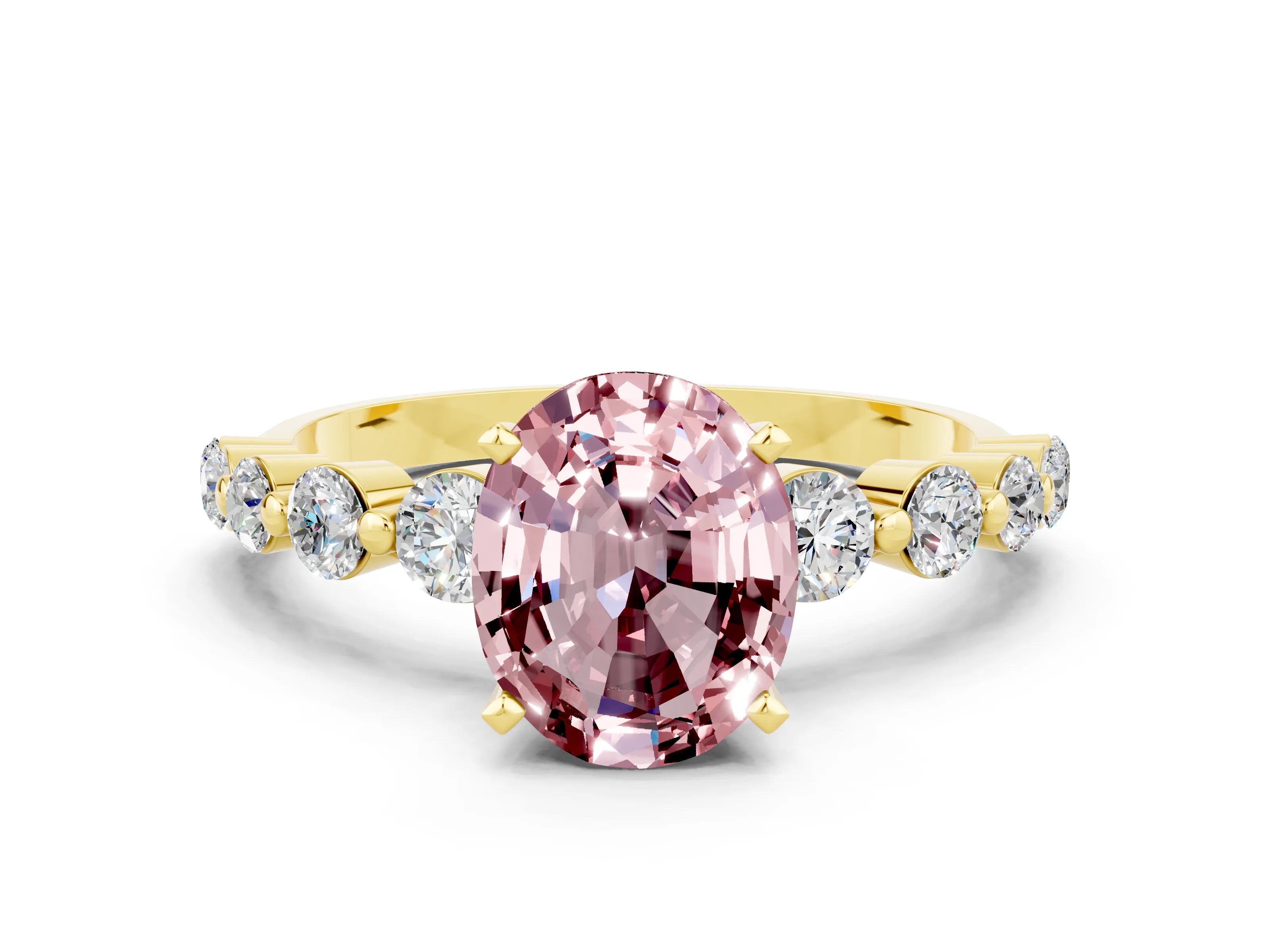 Yellow gold Oval Cut Solitaire Morganite Ring with Pave Band and Four-Prong Setting