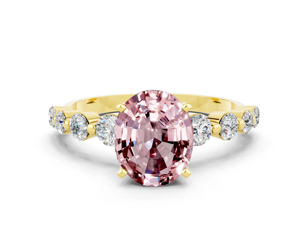 Yellow gold Oval Cut Solitaire Morganite Ring with Pave Band and Four-Prong Setting