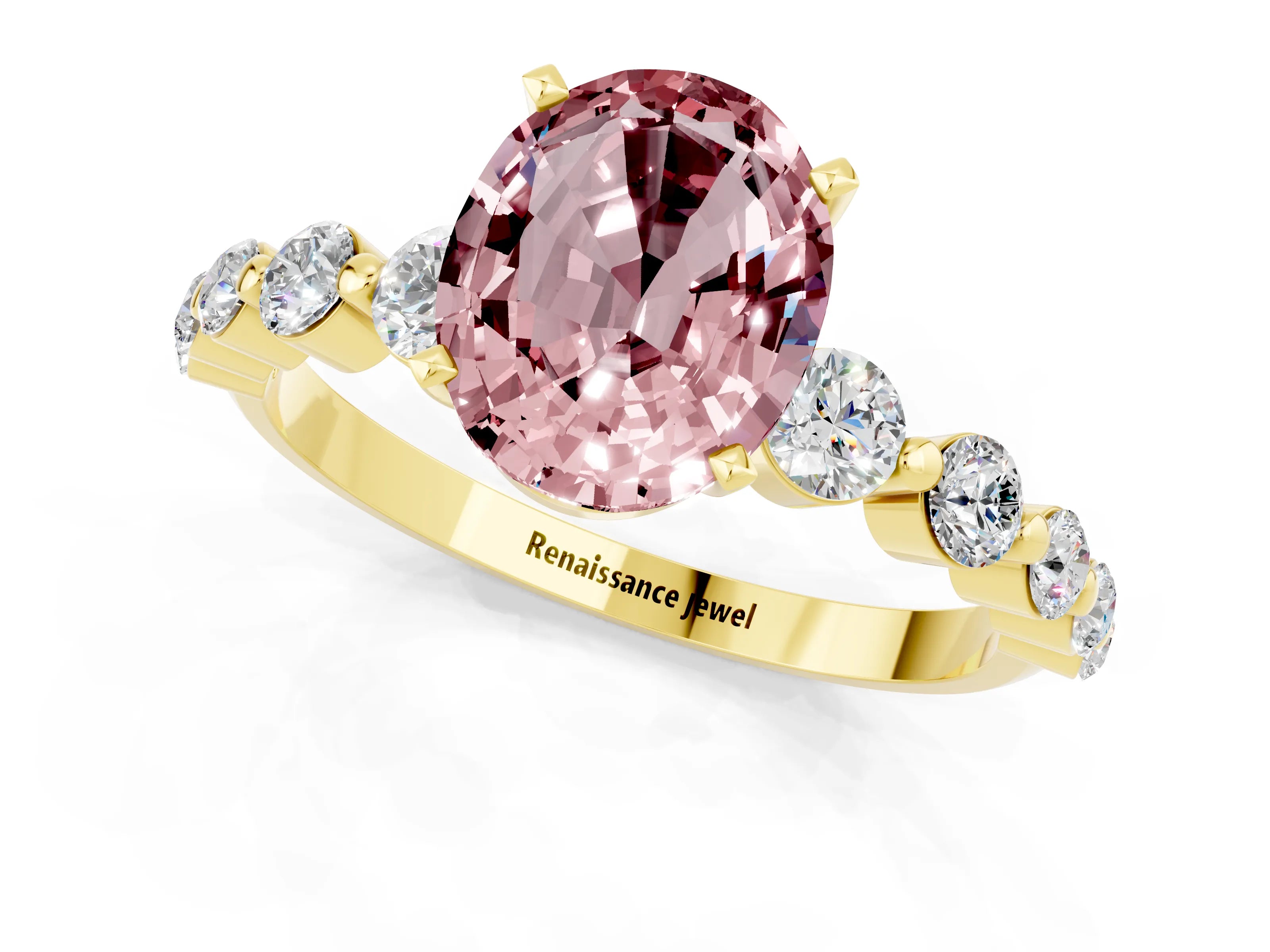 Yellow gold Oval Cut Solitaire Morganite Ring with Pave Band and Four-Prong Setting_1