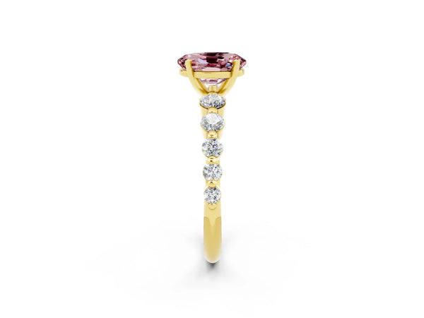 Yellow gold Oval Cut Solitaire Morganite Ring with Pave Band and Four-Prong Setting