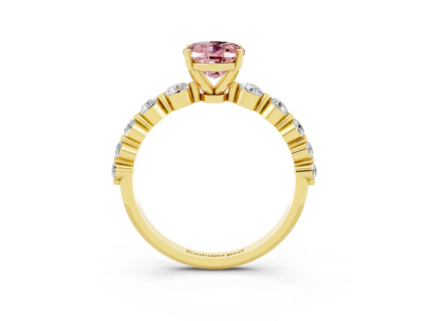 Yellow gold Oval Cut Solitaire Morganite Ring with Pave Band and Four-Prong Setting
