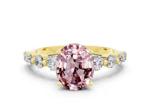 Yellow gold Oval Cut Solitaire Morganite Ring with Pave Band and Four-Prong Setting