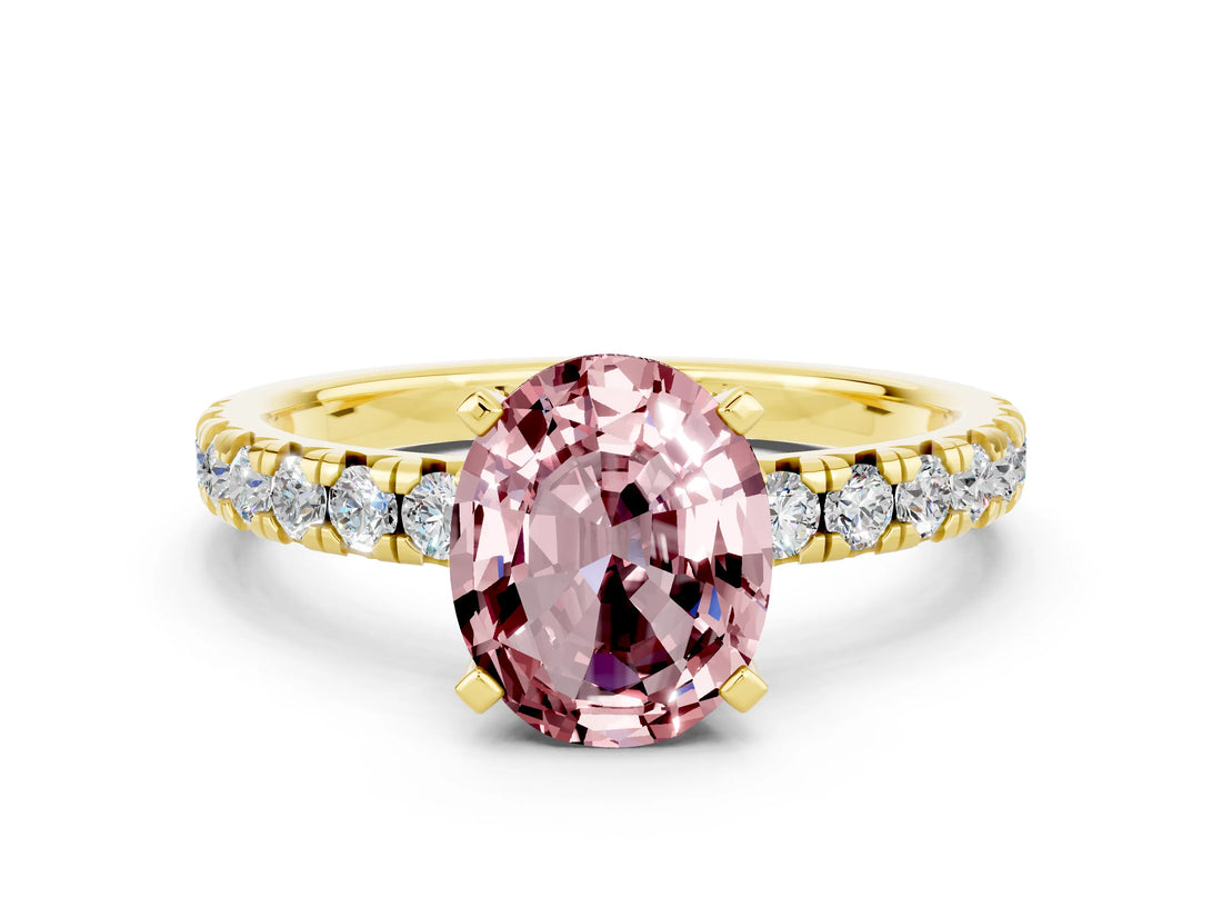 Yellow gold Oval Cut Solitaire Pave Diamond Engagement Ring with Four-Prong Setting
