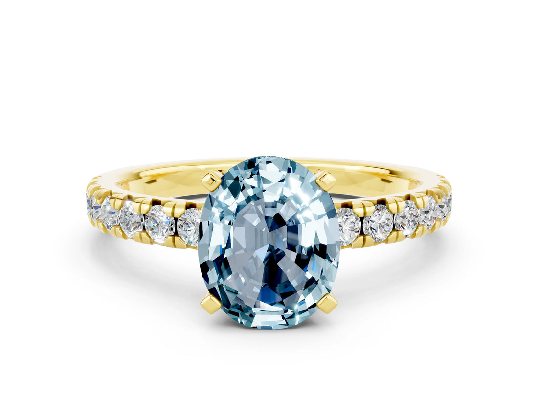 Yellow gold Oval Cut Solitaire Pave Diamond Engagement Ring with Four-Prong Setting