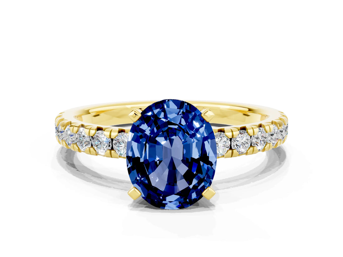 Yellow gold Oval Cut Solitaire Pave Diamond Engagement Ring with Four-Prong Setting