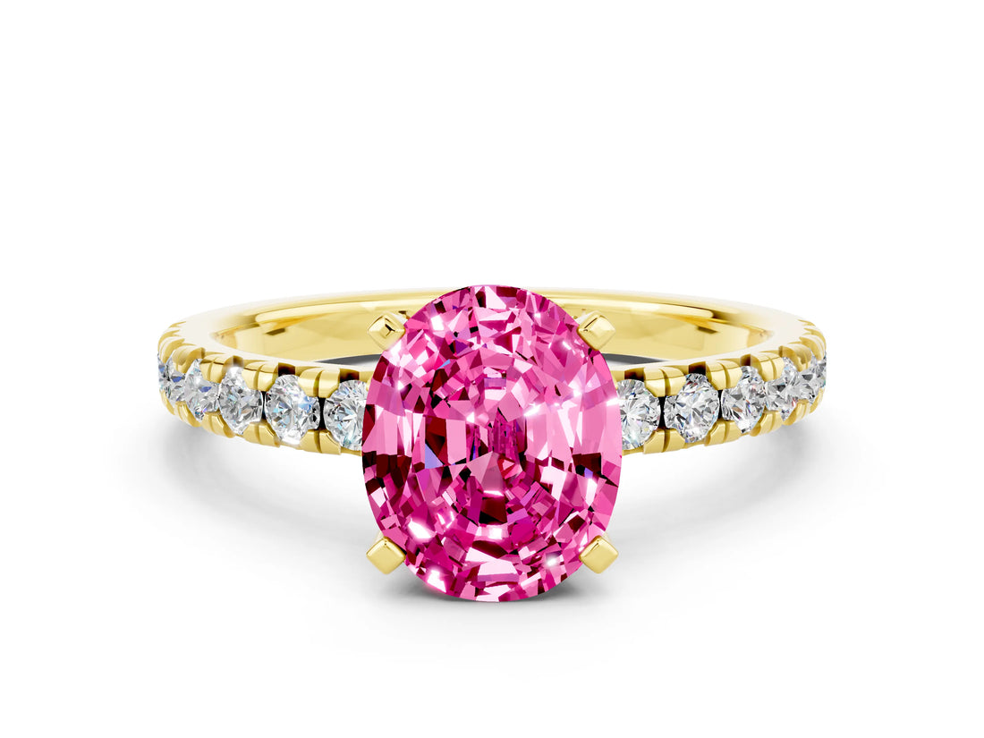 Yellow gold Oval Cut Solitaire Pave Diamond Engagement Ring with Four-Prong Setting