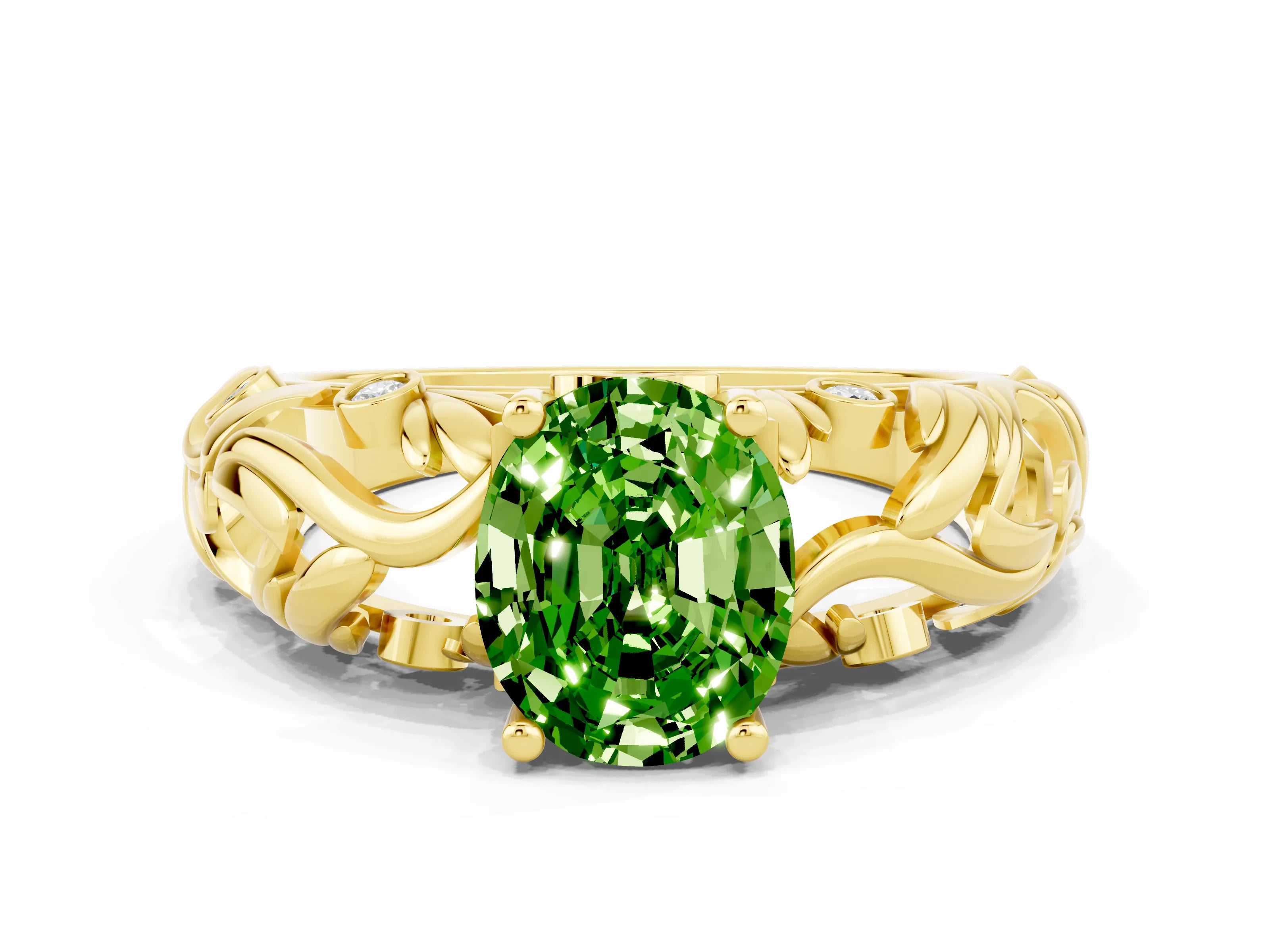 Yellow gold Oval Cut Solitaire Peridot Leaf-Inspired Vine Band Ring with Prong Setting