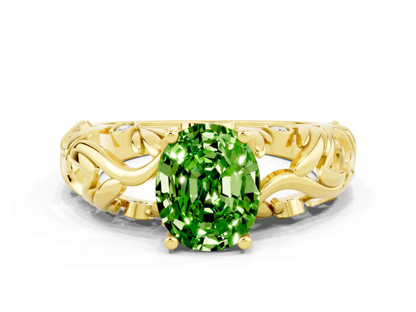 Yellow gold Oval Cut Solitaire Peridot Leaf-Inspired Vine Band Ring with Prong Setting