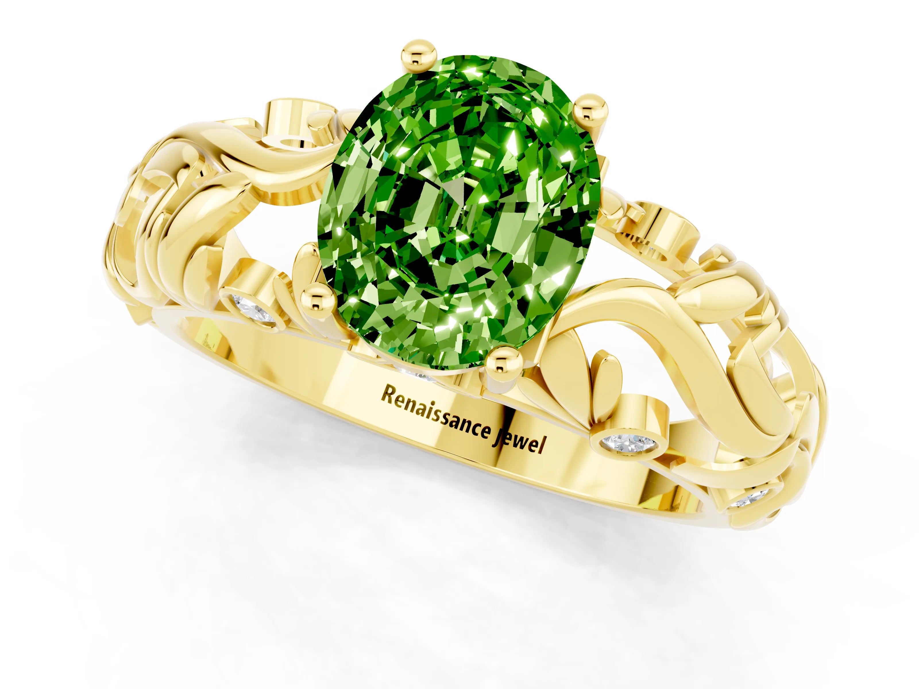 Yellow gold Oval Cut Solitaire Peridot Leaf-Inspired Vine Band Ring with Prong Setting_1