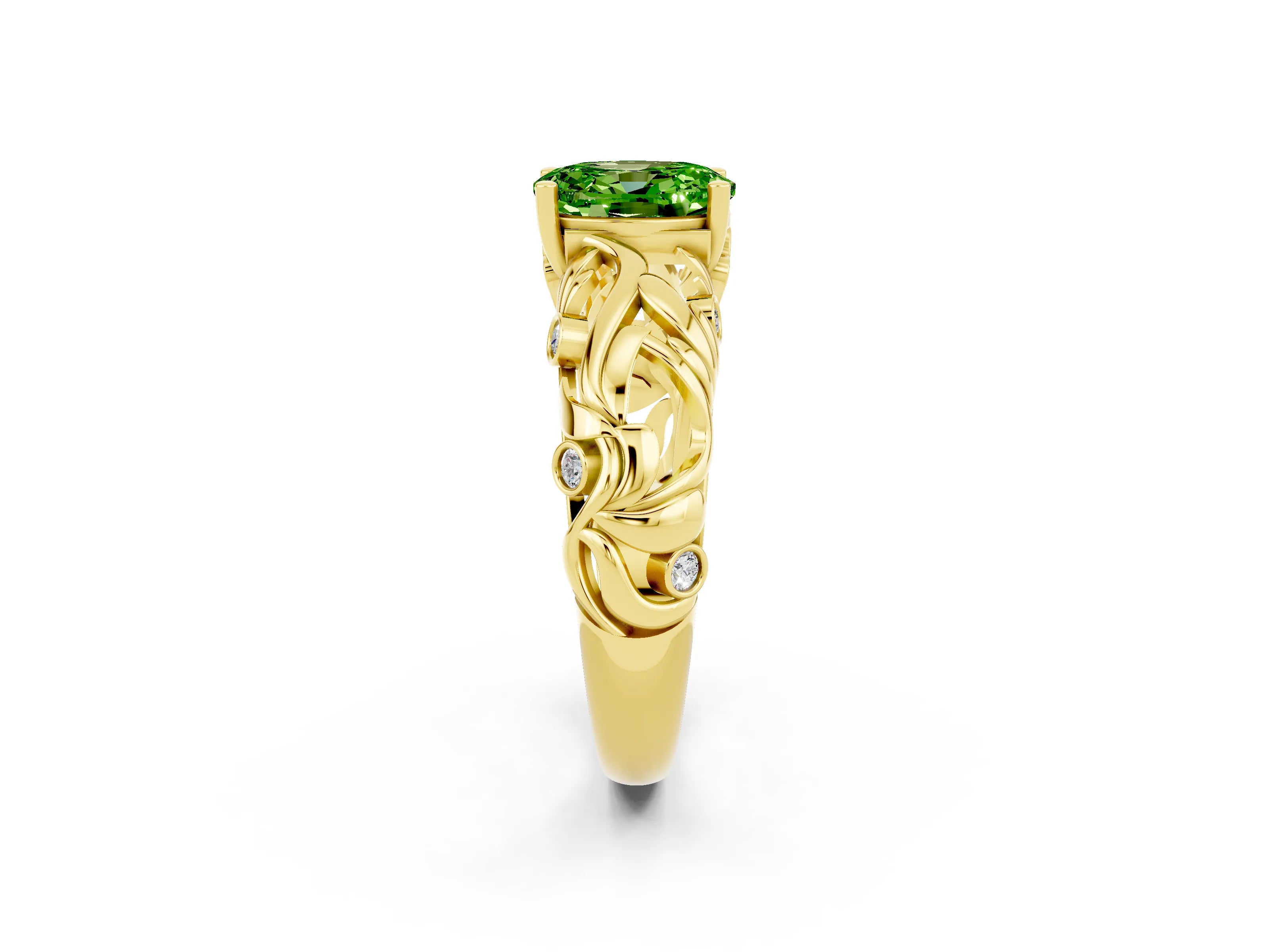 Yellow gold Oval Cut Solitaire Peridot Leaf-Inspired Vine Band Ring with Prong Setting_2