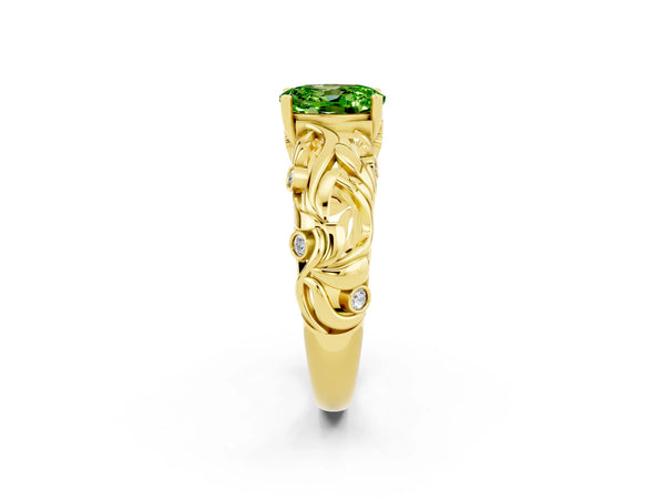 Yellow gold Oval Cut Solitaire Peridot Leaf-Inspired Vine Band Ring with Prong Setting