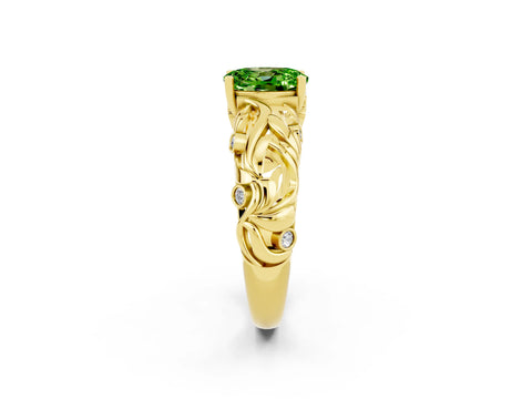 Yellow gold Oval Cut Solitaire Peridot Leaf-Inspired Vine Band Ring with Prong Setting_2