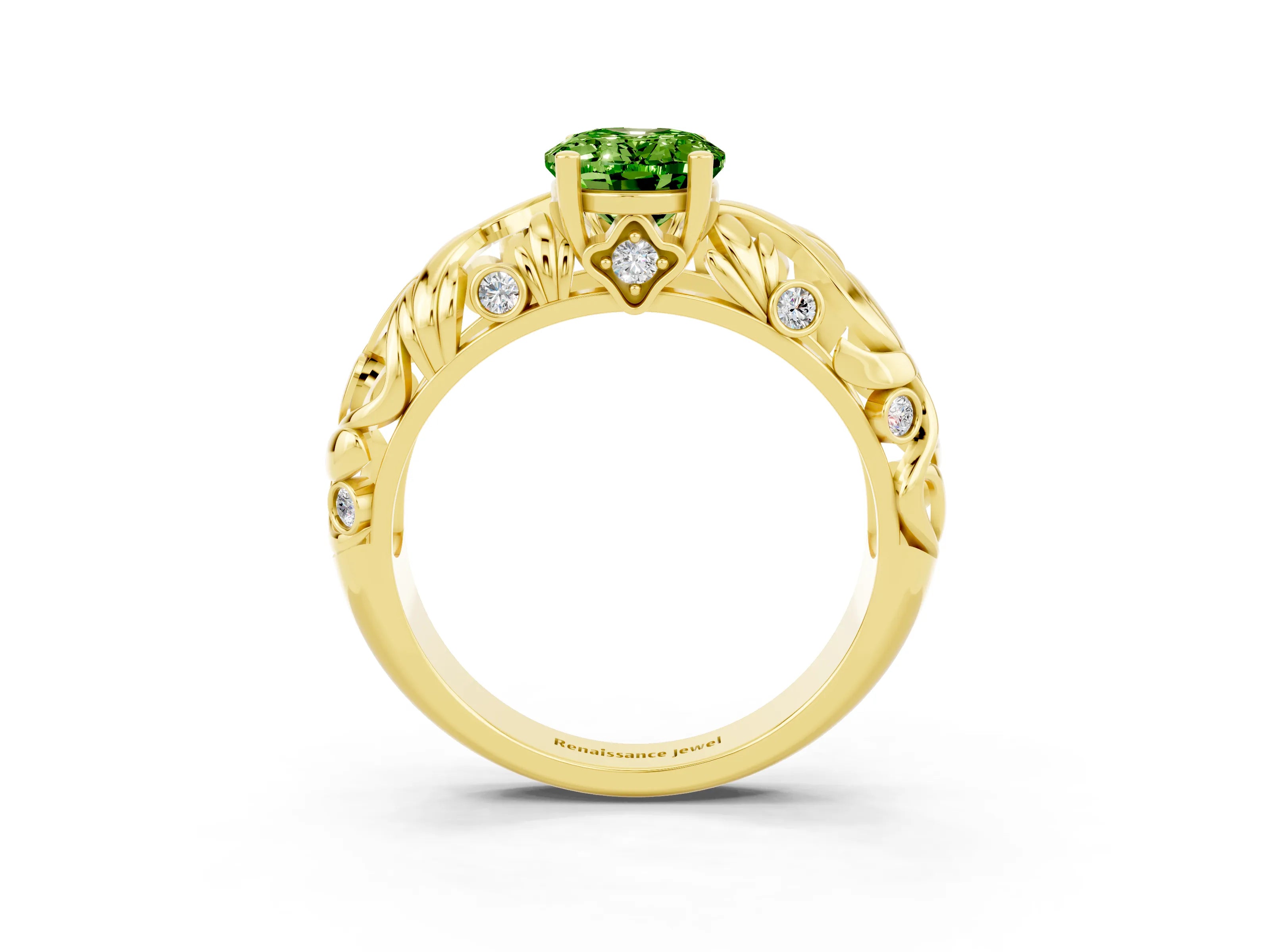 Yellow gold Oval Cut Solitaire Peridot Leaf-Inspired Vine Band Ring with Prong Setting_3