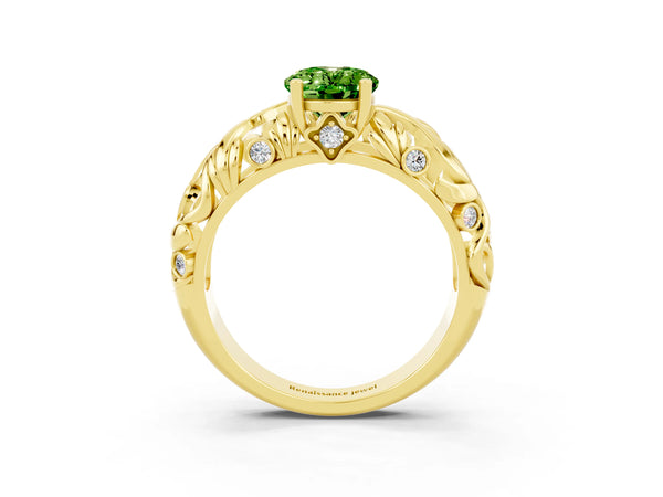 Yellow gold Oval Cut Solitaire Peridot Leaf-Inspired Vine Band Ring with Prong Setting