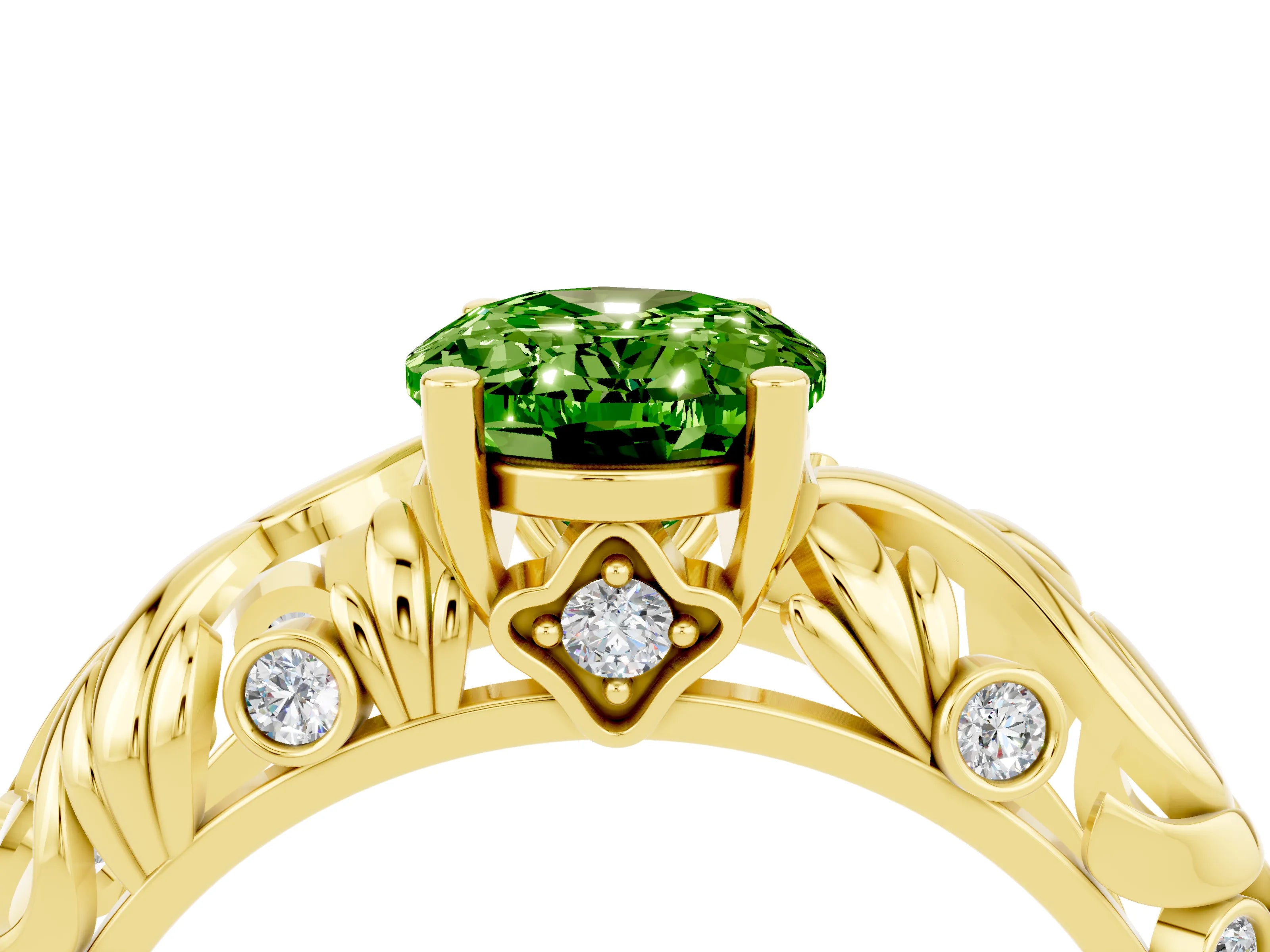 Yellow gold Oval Cut Solitaire Peridot Leaf-Inspired Vine Band Ring with Prong Setting_4