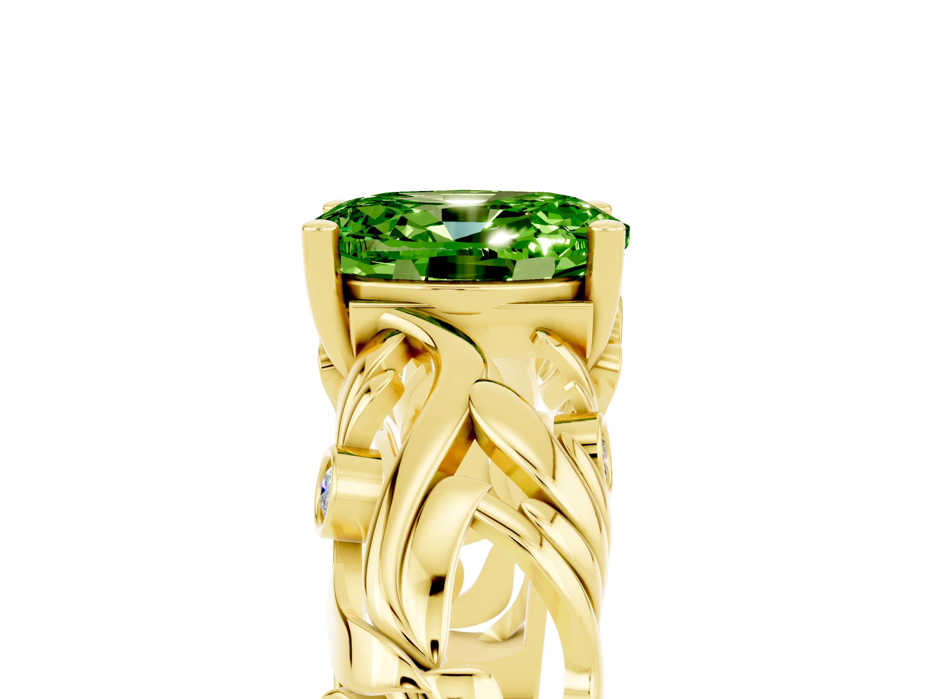 Yellow gold Oval Cut Solitaire Peridot Leaf-Inspired Vine Band Ring with Prong Setting_5