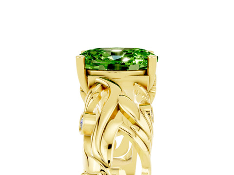 Yellow gold Oval Cut Solitaire Peridot Leaf-Inspired Vine Band Ring with Prong Setting_5