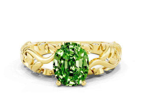 Yellow gold Oval Cut Solitaire Peridot Leaf-Inspired Vine Band Ring with Prong Setting