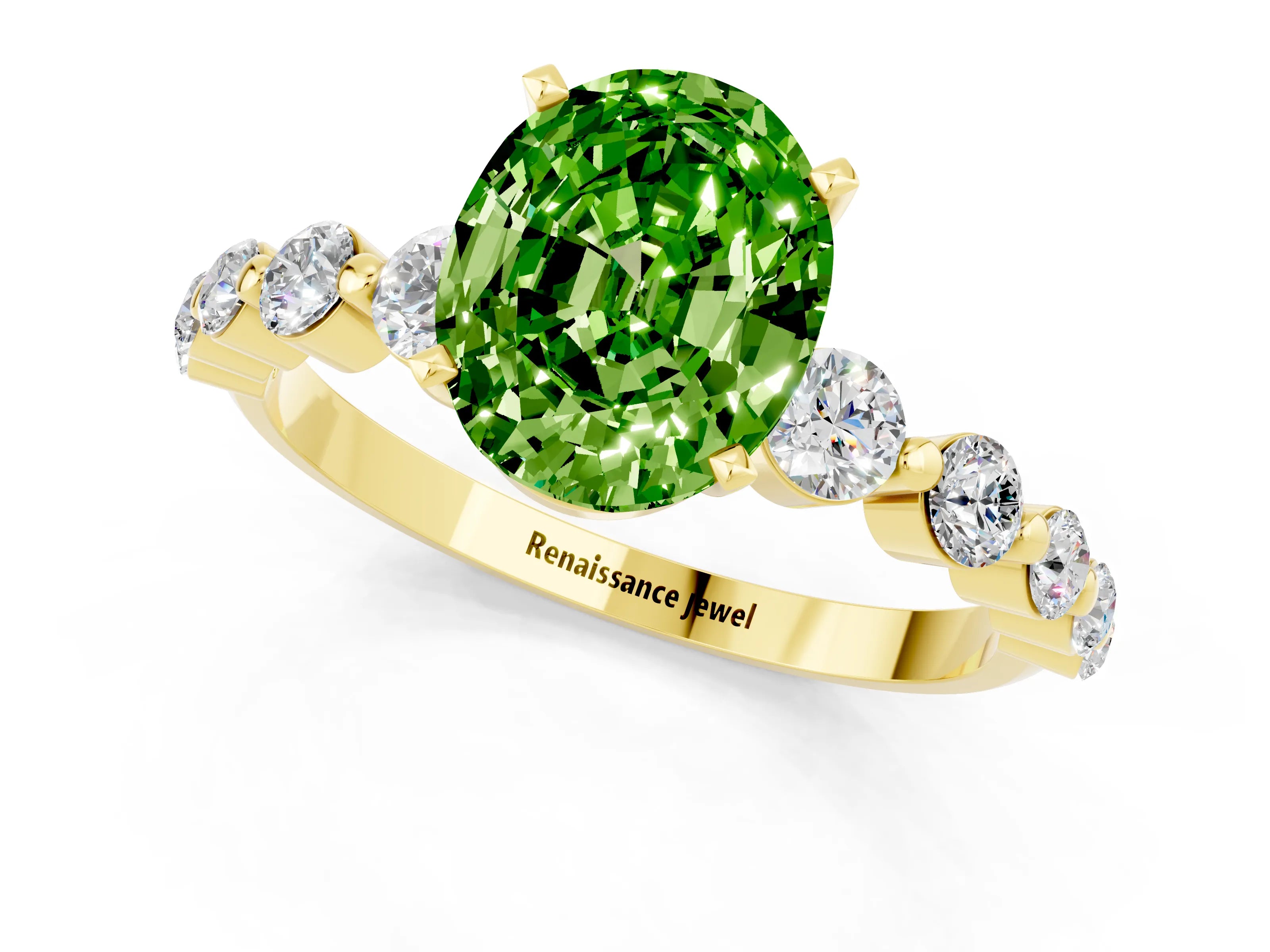 Yellow gold Oval Cut Solitaire Peridot Ring with Pave Band and Four-Prong Setting_1