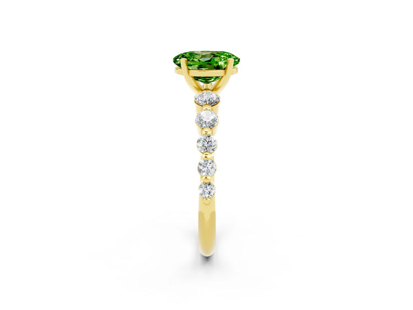 Yellow gold Oval Cut Solitaire Peridot Ring with Pave Band and Four-Prong Setting