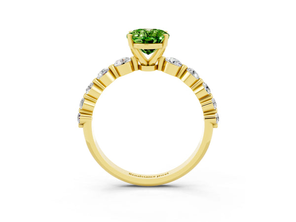 Yellow gold Oval Cut Solitaire Peridot Ring with Pave Band and Four-Prong Setting