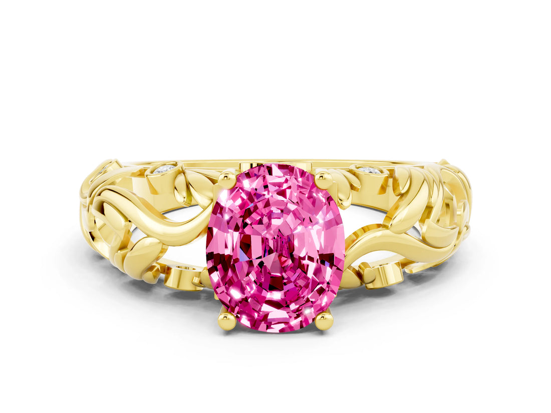Yellow gold Oval Cut Solitaire Pink Sapphire Leaf-Inspired Vine Band Ring with Prong Setting_24
