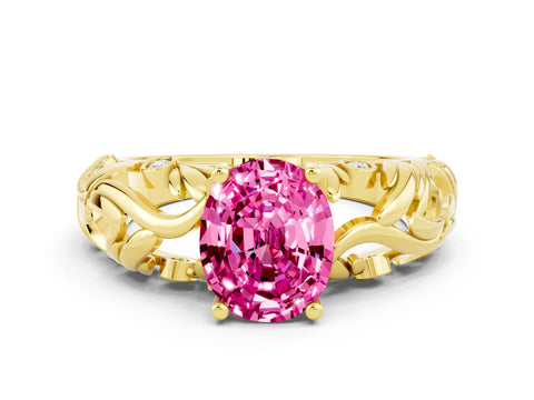 Yellow gold Oval Cut Solitaire Pink Sapphire Leaf-Inspired Vine Band Ring with Prong Setting_24