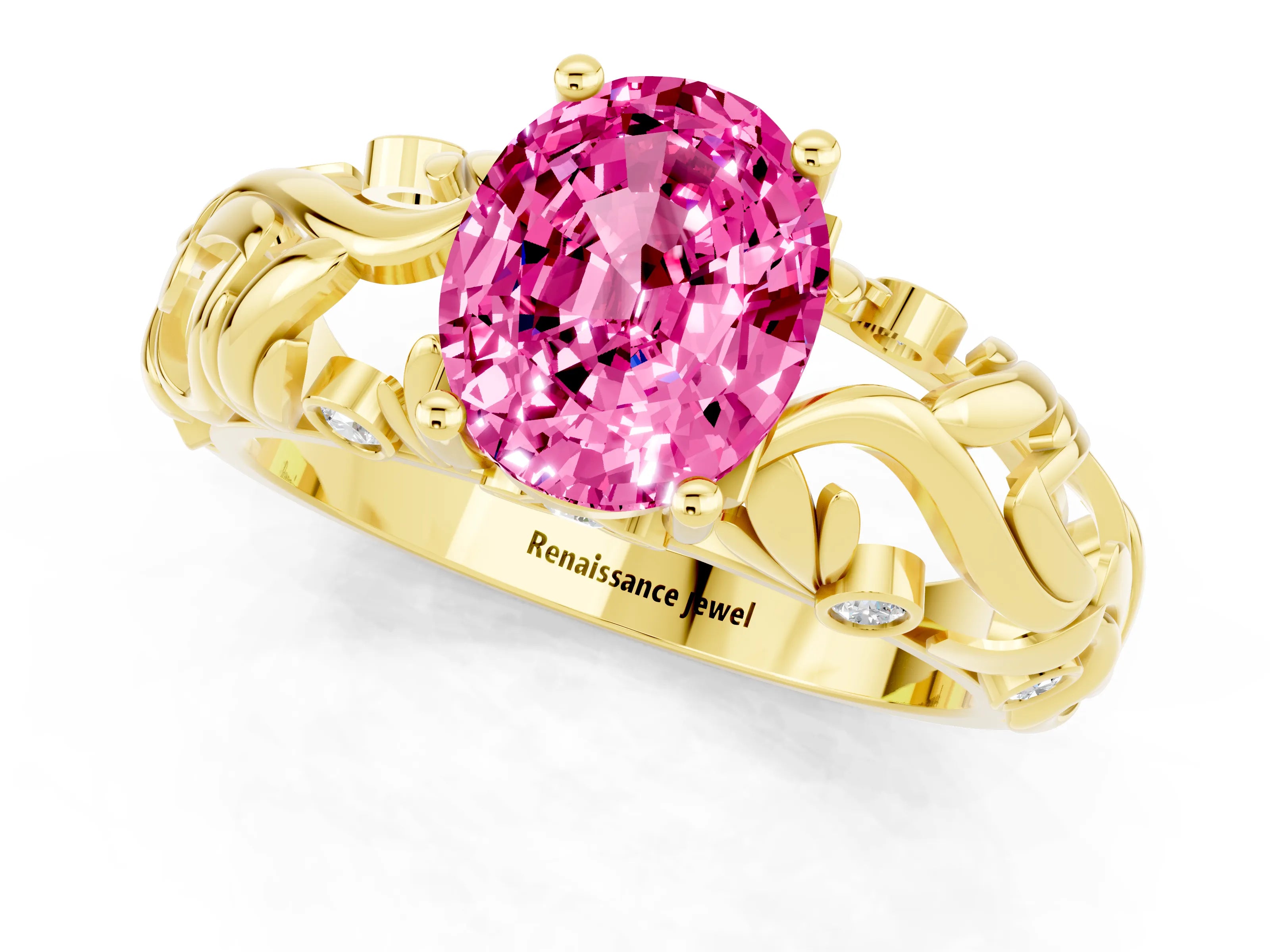 Yellow gold Oval Cut Solitaire Pink Sapphire Leaf-Inspired Vine Band Ring with Prong Setting_25