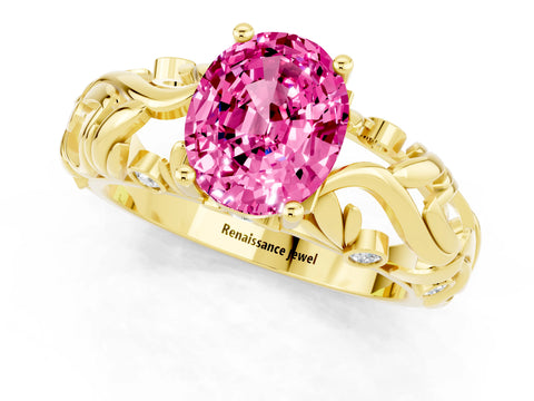 Yellow gold Oval Cut Solitaire Pink Sapphire Leaf-Inspired Vine Band Ring with Prong Setting_25