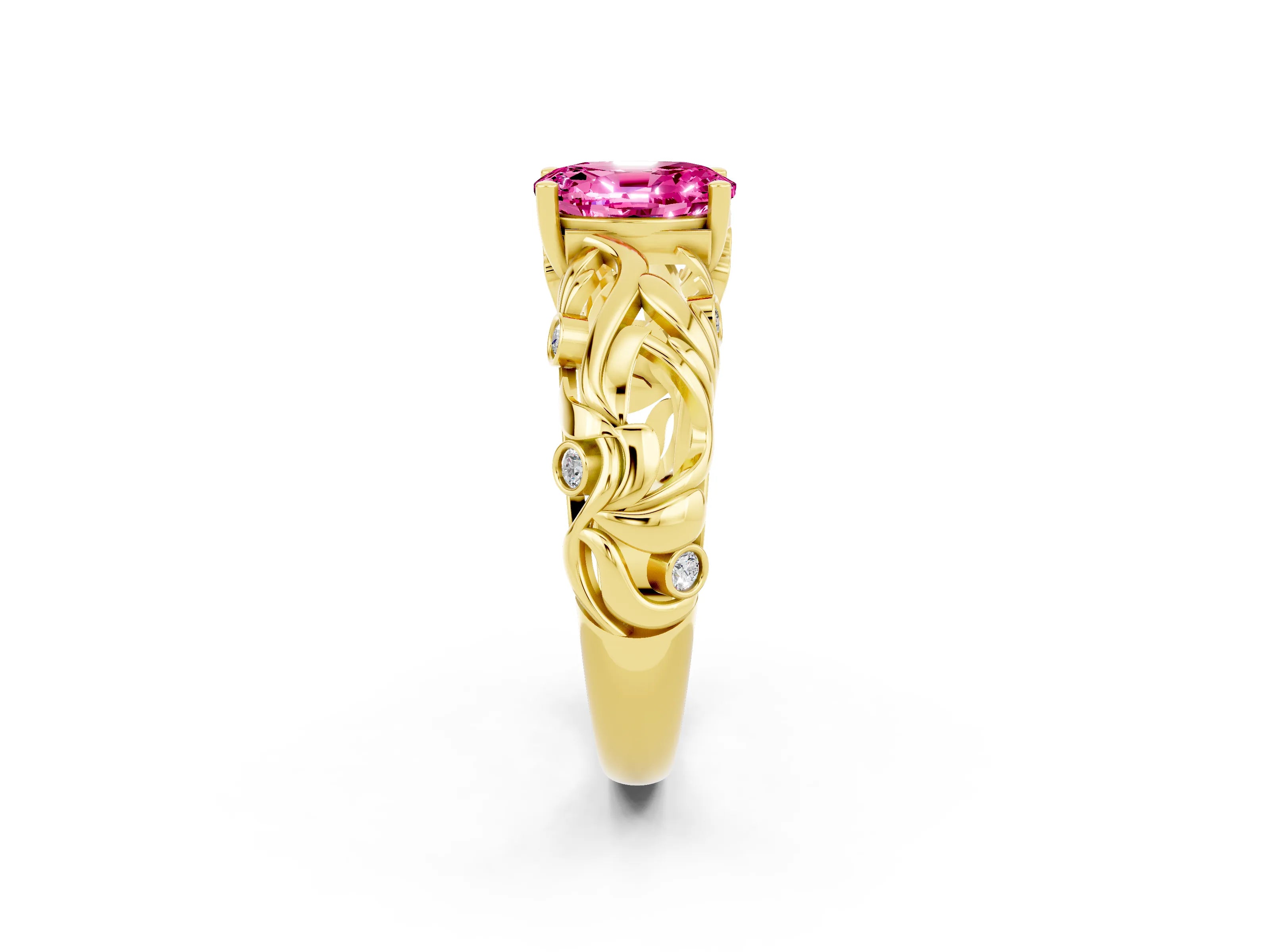 Yellow gold Oval Cut Solitaire Pink Sapphire Leaf-Inspired Vine Band Ring with Prong Setting_26