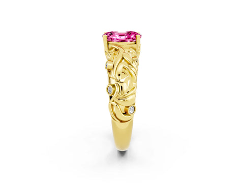 Yellow gold Oval Cut Solitaire Pink Sapphire Leaf-Inspired Vine Band Ring with Prong Setting_26