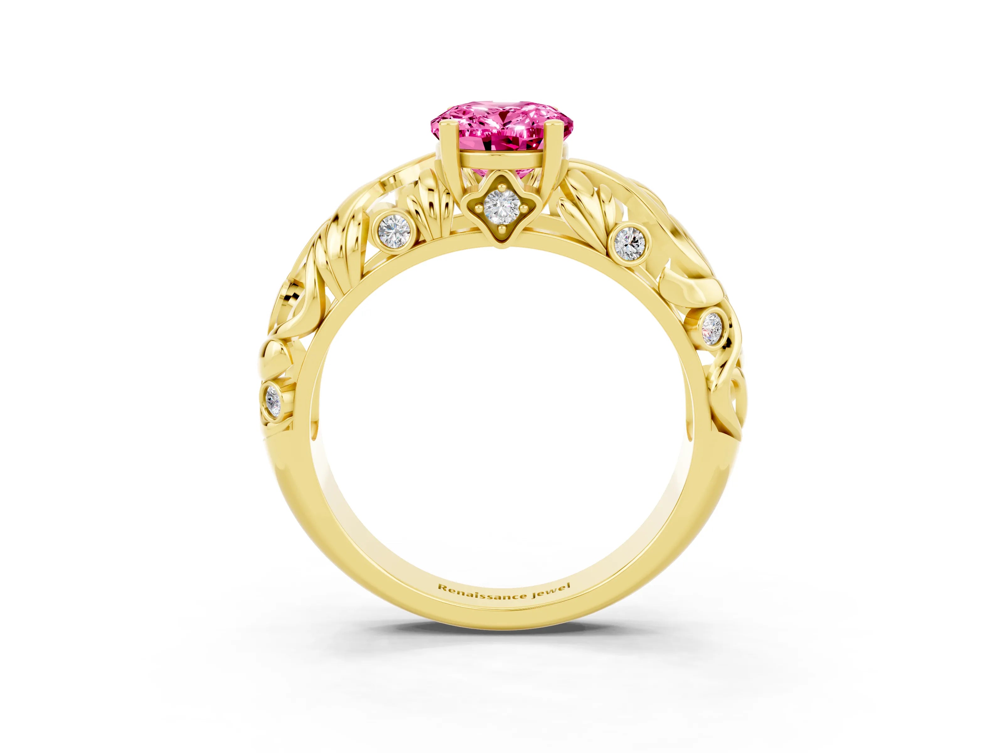 Yellow gold Oval Cut Solitaire Pink Sapphire Leaf-Inspired Vine Band Ring with Prong Setting_27