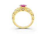 Yellow gold Oval Cut Solitaire Pink Sapphire Leaf-Inspired Vine Band Ring with Prong Setting_27