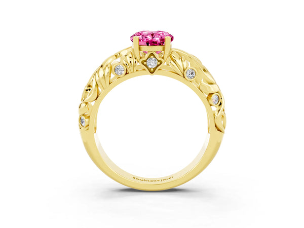 Yellow gold Oval Cut Solitaire Pink Sapphire Leaf-Inspired Vine Band Ring with Prong Setting