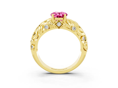 Yellow gold Oval Cut Solitaire Pink Sapphire Leaf-Inspired Vine Band Ring with Prong Setting_27
