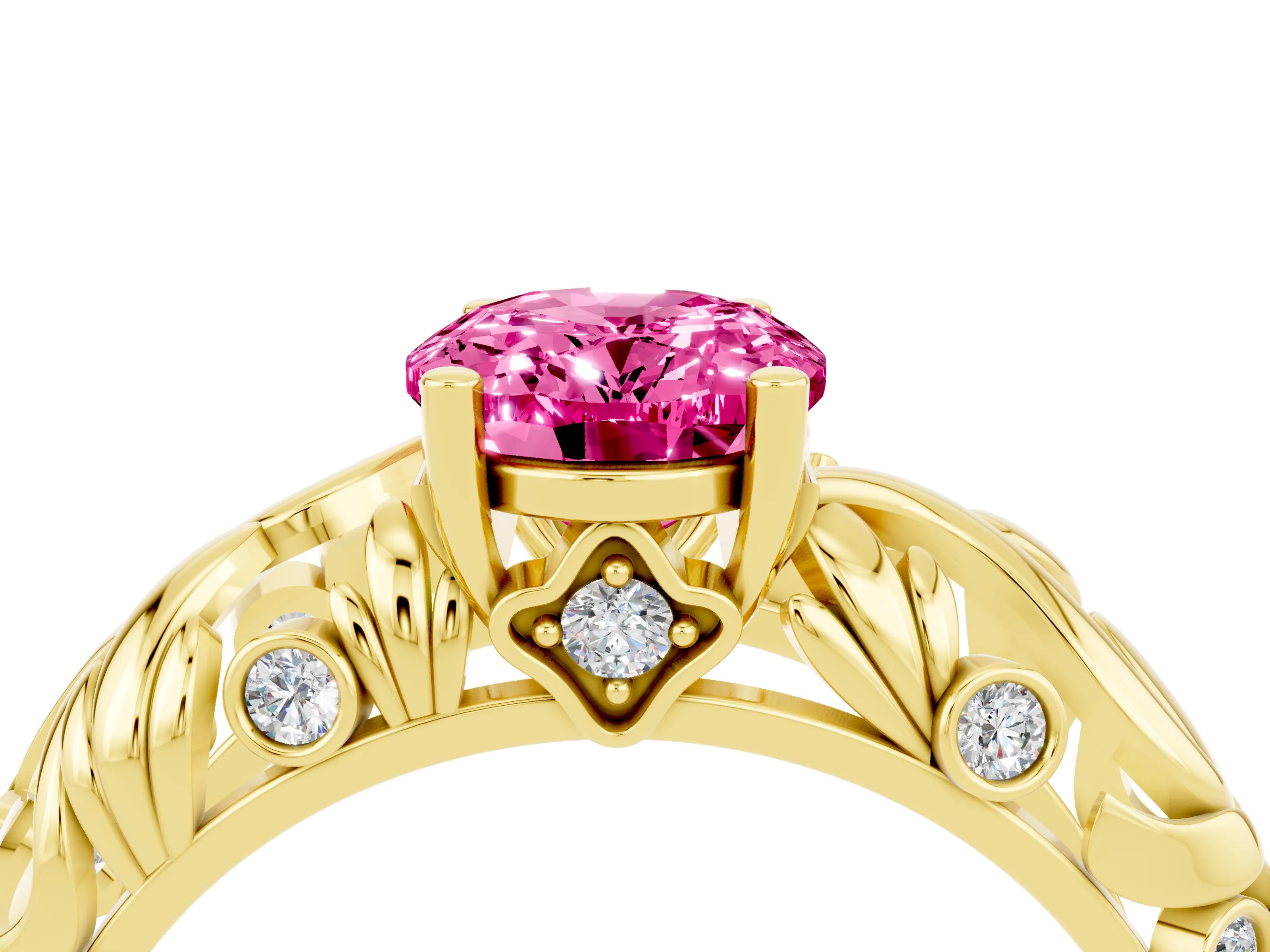 Yellow gold Oval Cut Solitaire Pink Sapphire Leaf-Inspired Vine Band Ring with Prong Setting_28