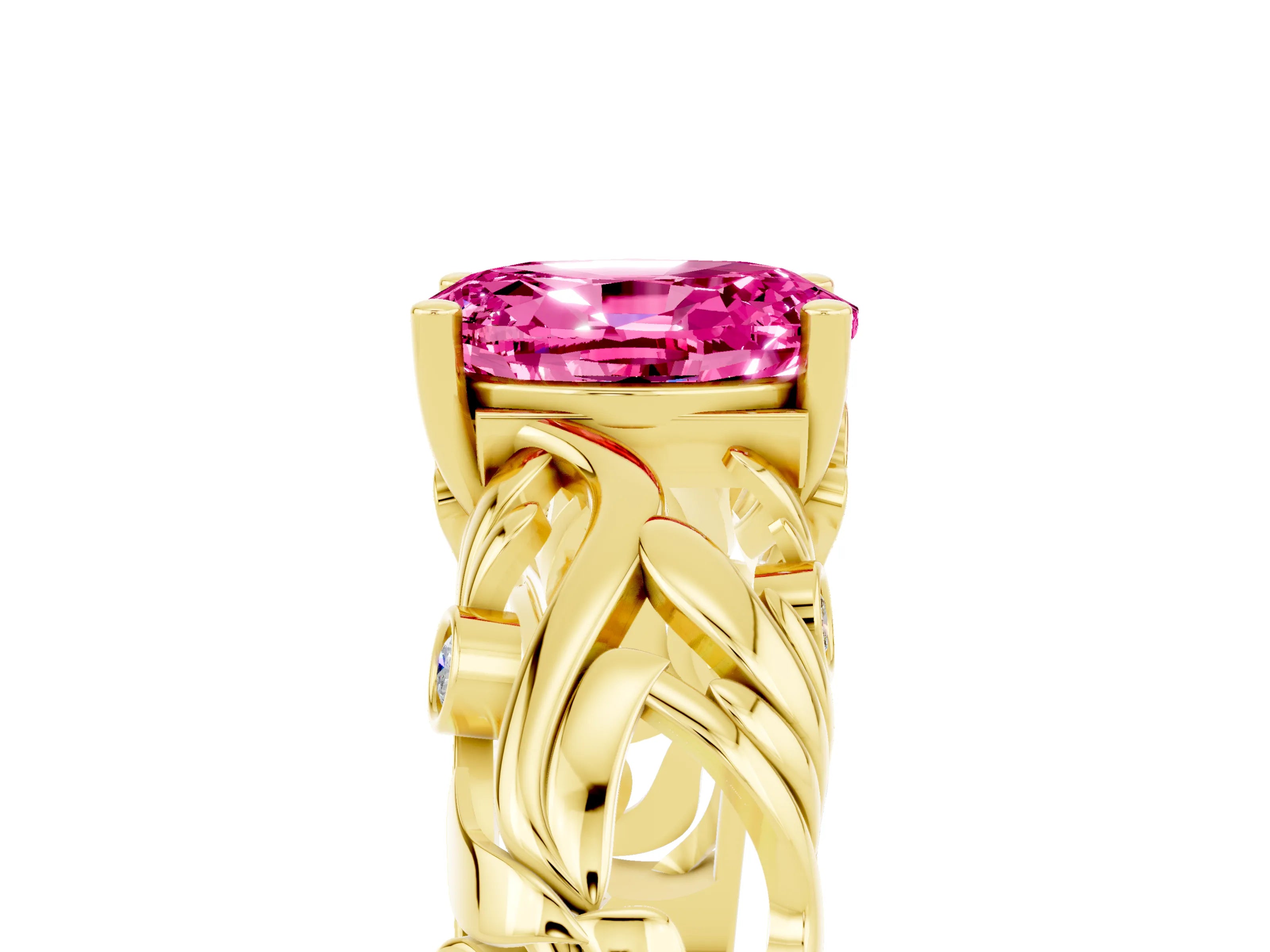 Yellow gold Oval Cut Solitaire Pink Sapphire Leaf-Inspired Vine Band Ring with Prong Setting_29