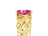 Yellow gold Oval Cut Solitaire Pink Sapphire Leaf-Inspired Vine Band Ring with Prong Setting_29