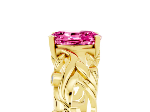 Yellow gold Oval Cut Solitaire Pink Sapphire Leaf-Inspired Vine Band Ring with Prong Setting_29