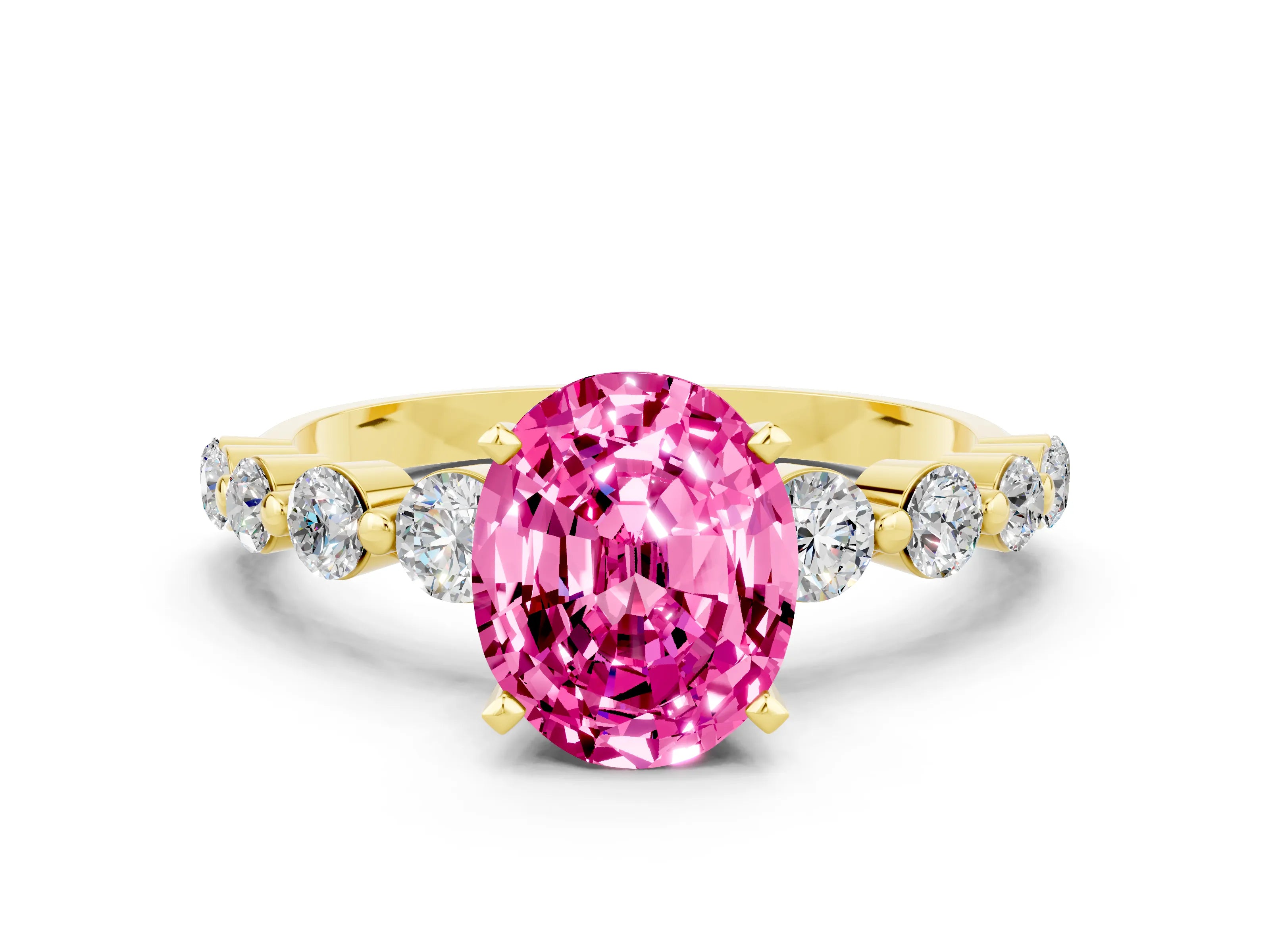 Yellow gold Oval Cut Solitaire Pink Sapphire Ring with Pave Band and Four-Prong Setting_24