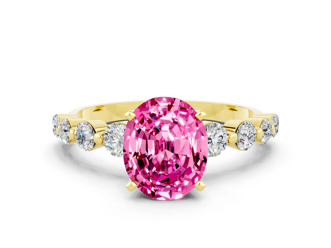 Yellow gold Oval Cut Solitaire Pink Sapphire Ring with Pave Band and Four-Prong Setting_24