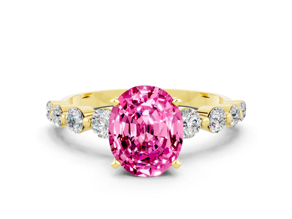 Yellow gold Oval Cut Solitaire Pink Sapphire Ring with Pave Band and Four-Prong Setting