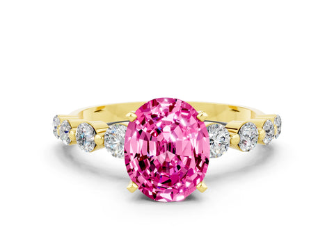 Yellow gold Oval Cut Solitaire Pink Sapphire Ring with Pave Band and Four-Prong Setting_24