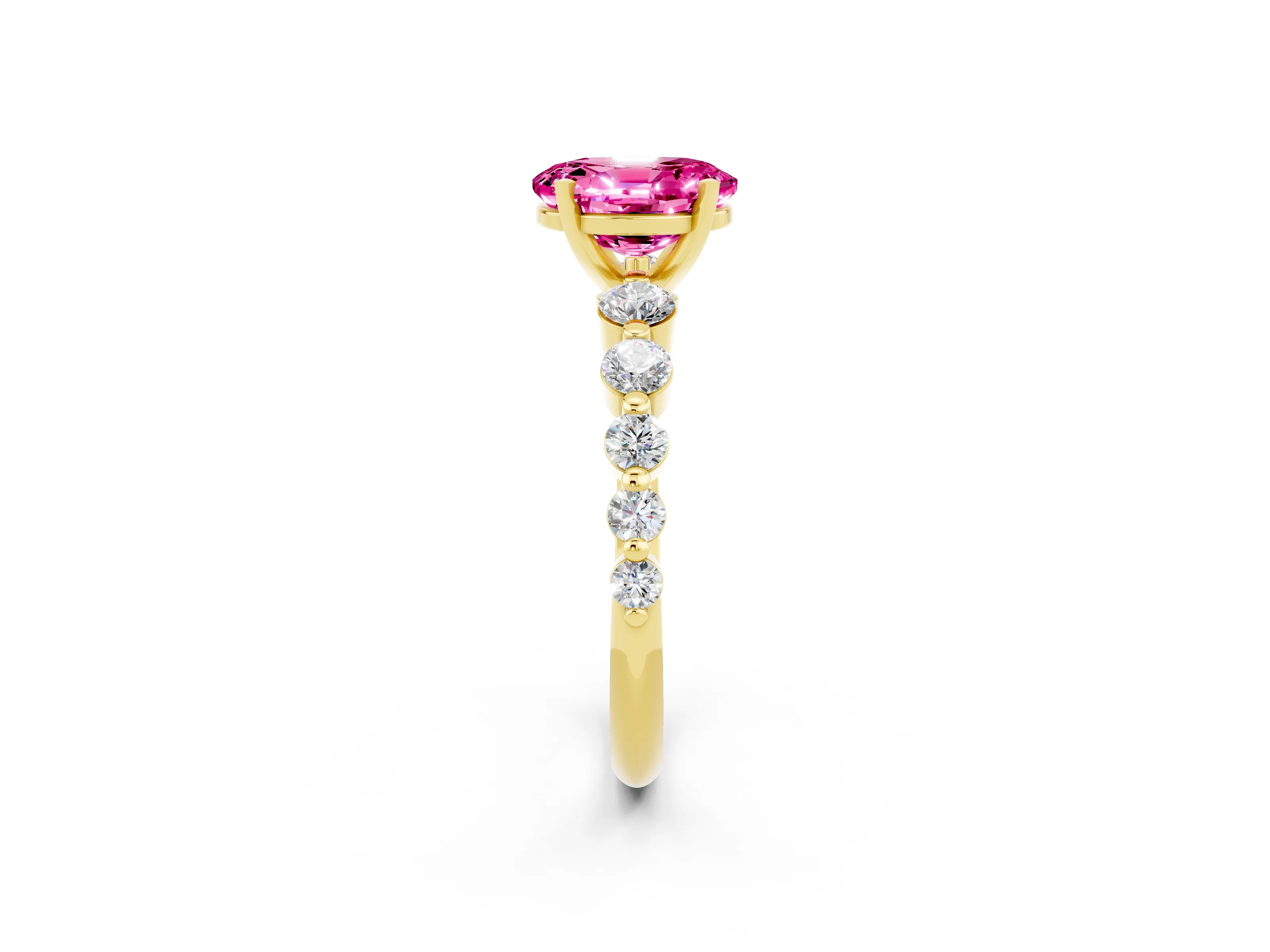 Yellow gold Oval Cut Solitaire Pink Sapphire Ring with Pave Band and Four-Prong Setting_26